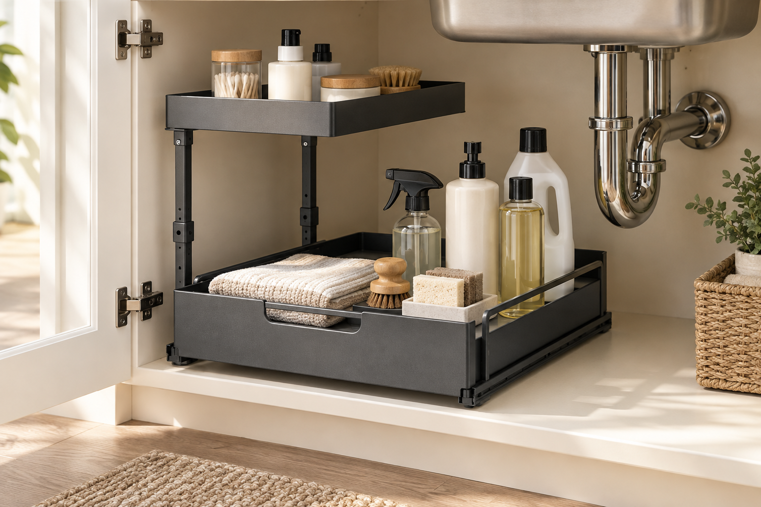 Product illustration: the organizer separates smaller supplies above and taller bottles below
